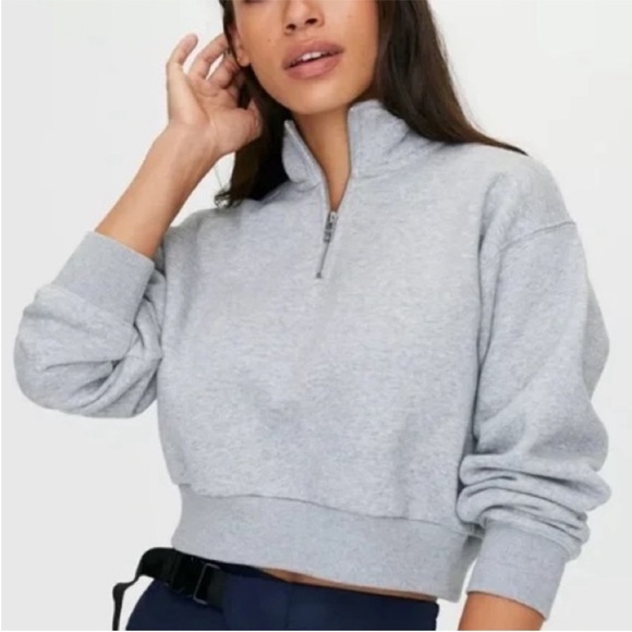 Aritzia Tna Cozy AF Fleece Grey Quarter Zip Cropped Long Sleeve Size Small - Picture 1 of 6